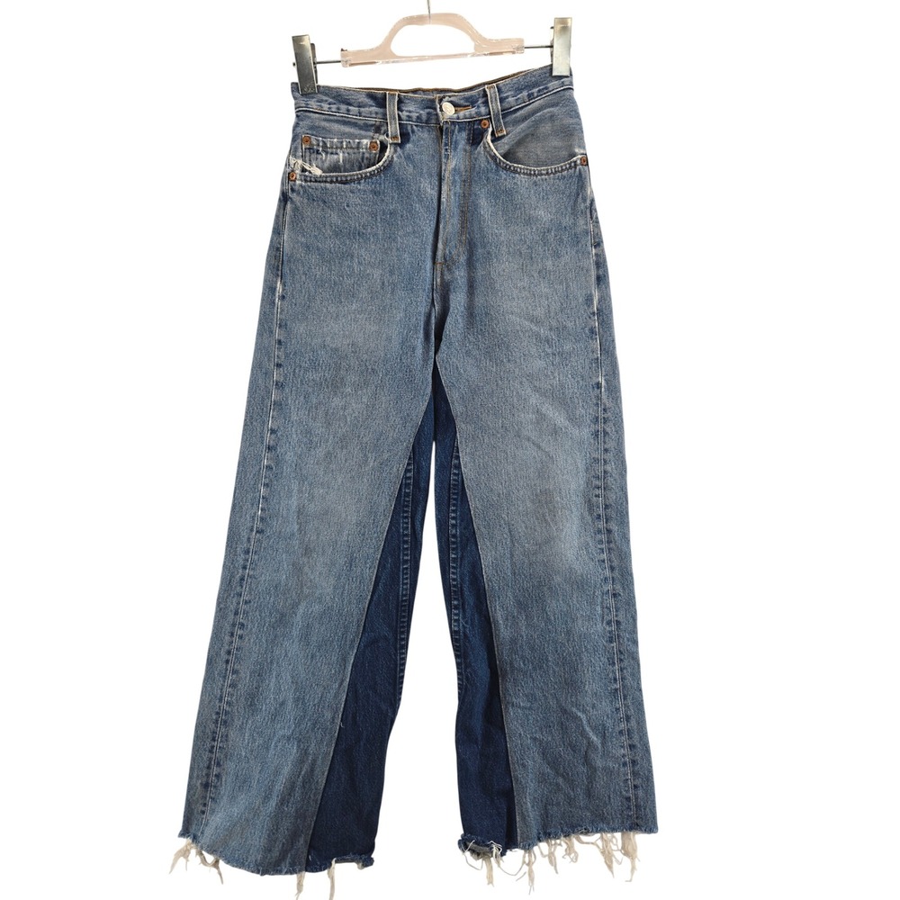 Levis 501 Vintage Reworked Two Tone Paneled Jeans Blue High Rise Raw Hem 26
